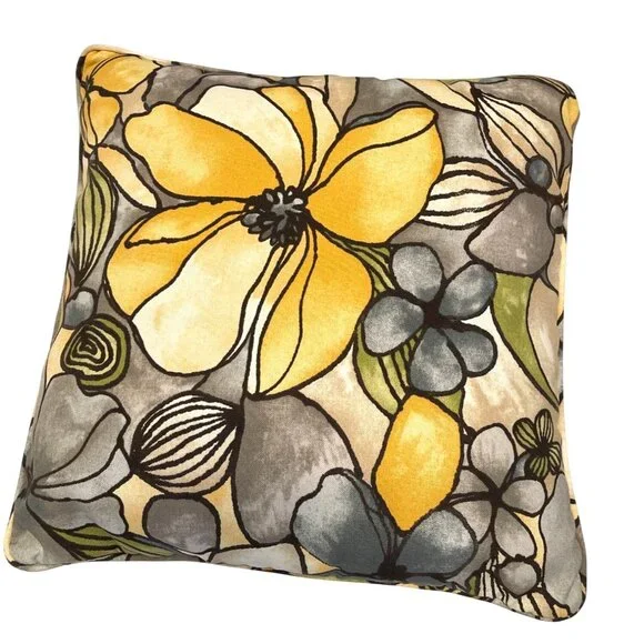 16" Modern Floral Throw Pillow Yellow Gray Black Flower Cotton Square Cushion - Picture 4 of 6